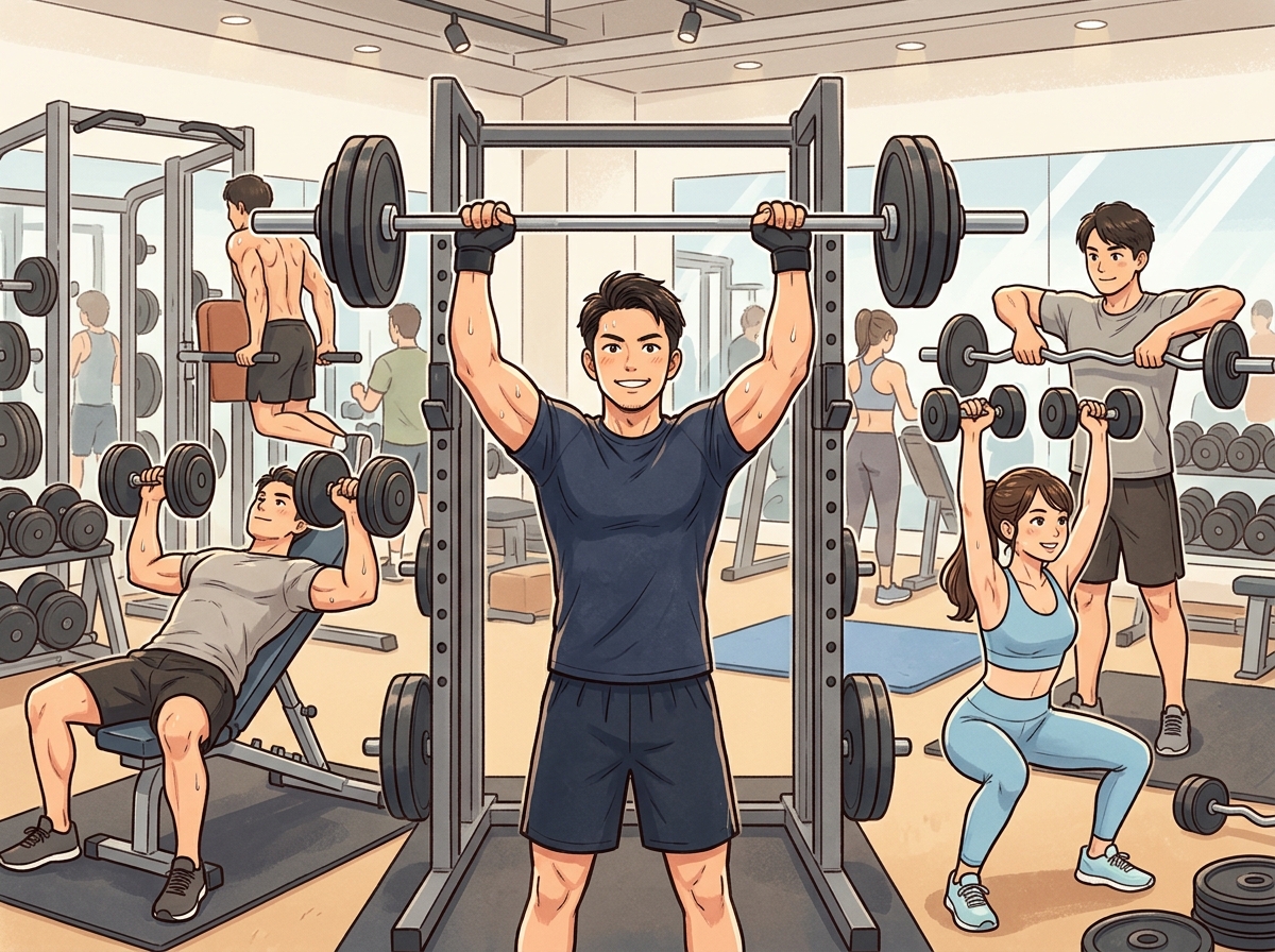 Professional illustration for article section about: 三角筋を鍛えるコンパウンド種目一覧. 日本人が理解しやすい自然で親しみやすい画像。写真のような