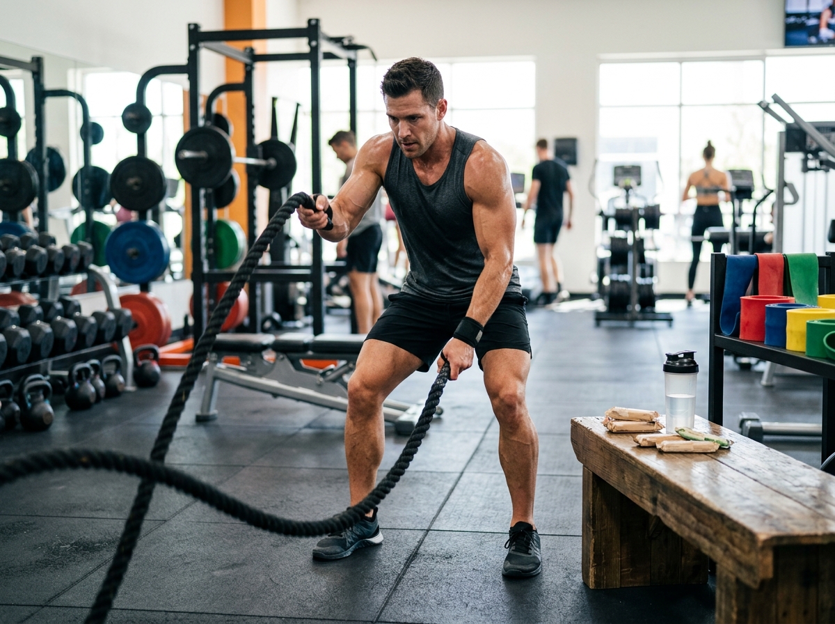 A muscular man or woman engaged in a dynamic workout scene, surrounded by fitness equipment like pro