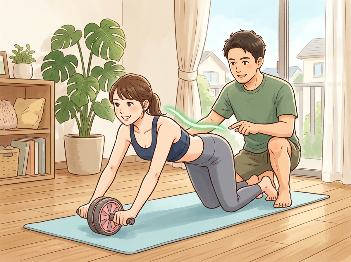Professional illustration for article section about: 腹筋ローラーで怪我を防ぐための注意点. 日本人が理解しやすい自然で親しみやすい画像。写真のよう