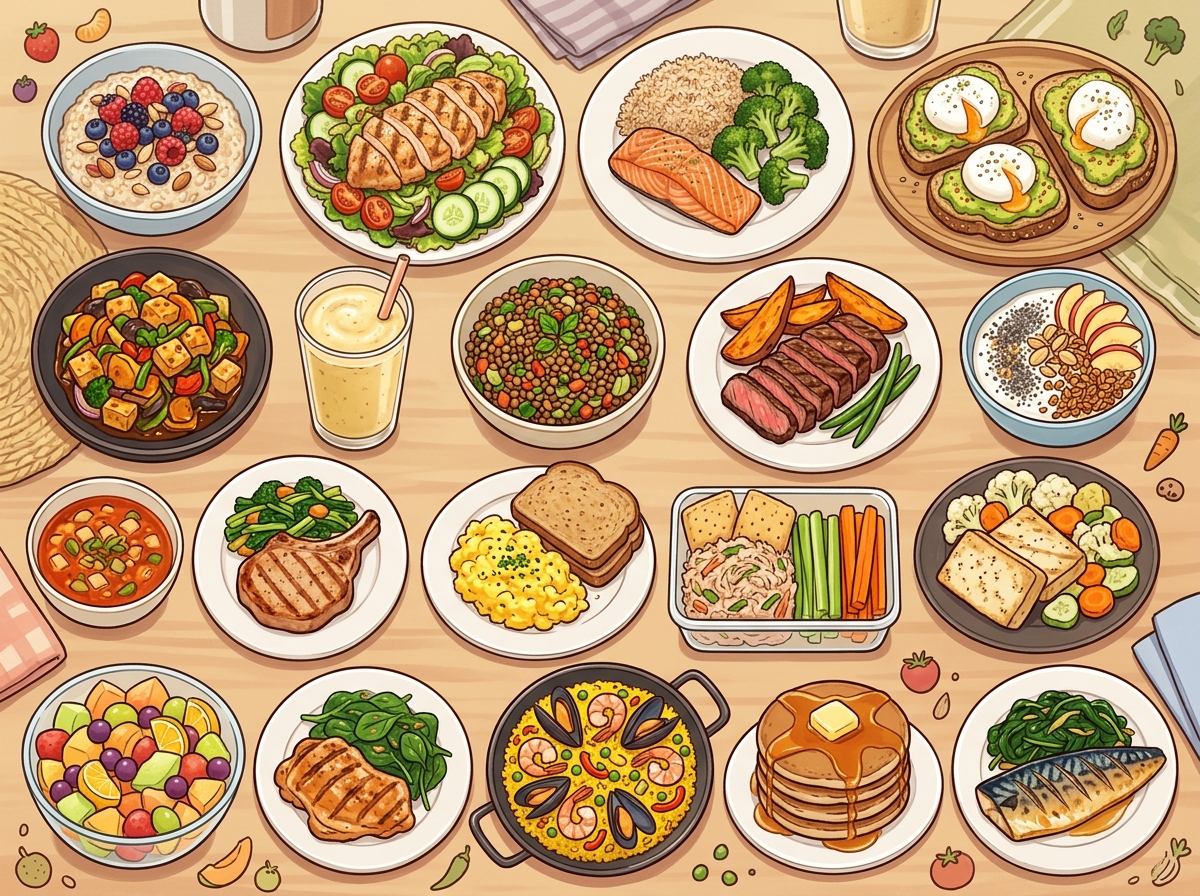 An illustrated scene depicting a colorful weekly meal plan organized on a table, showcasing various 