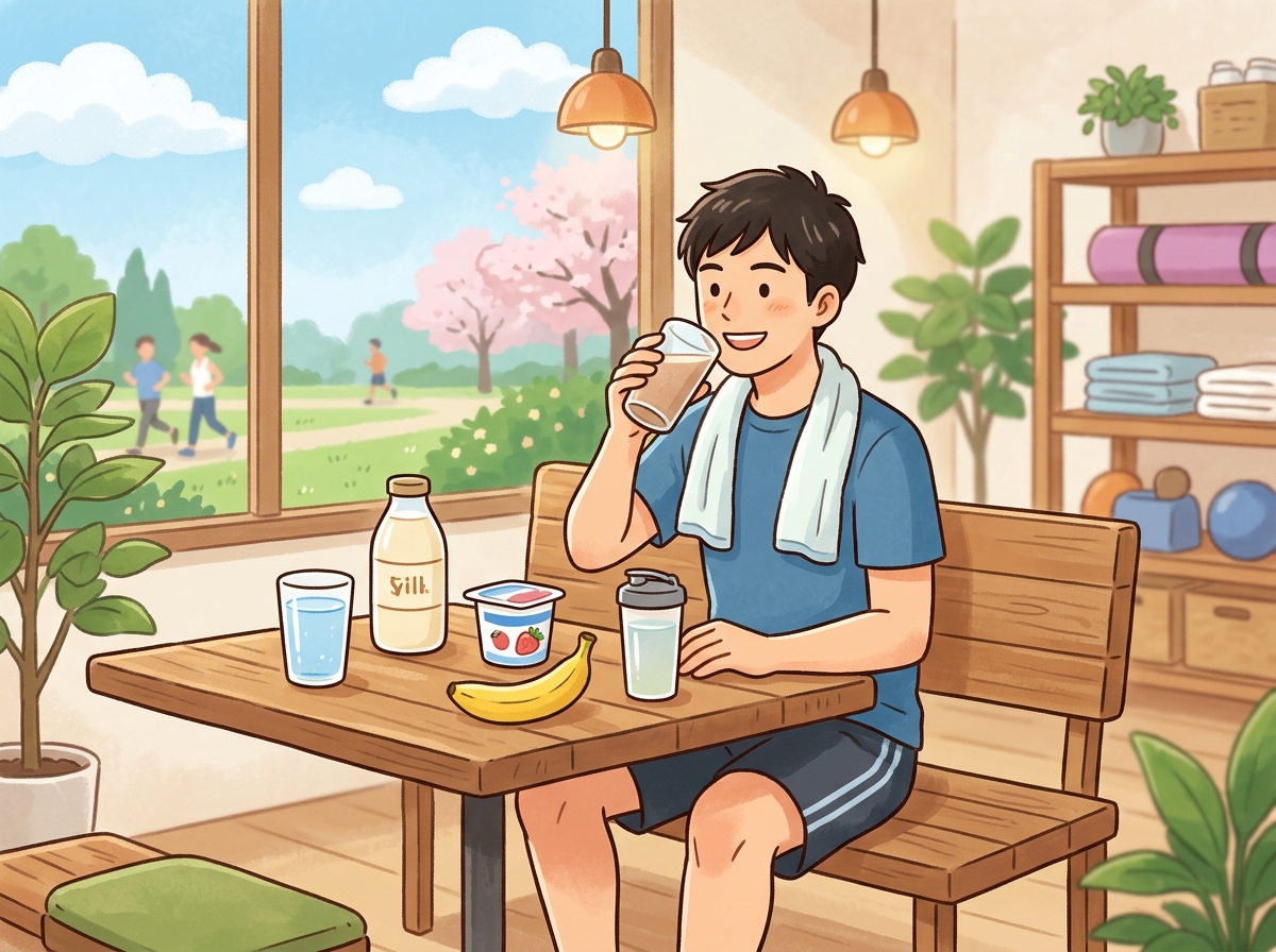 Professional illustration for article section about: 筋トレ後におすすめの飲み物. 日本人が理解しやすい自然で親しみやすい画像。写真のようなリアルさ