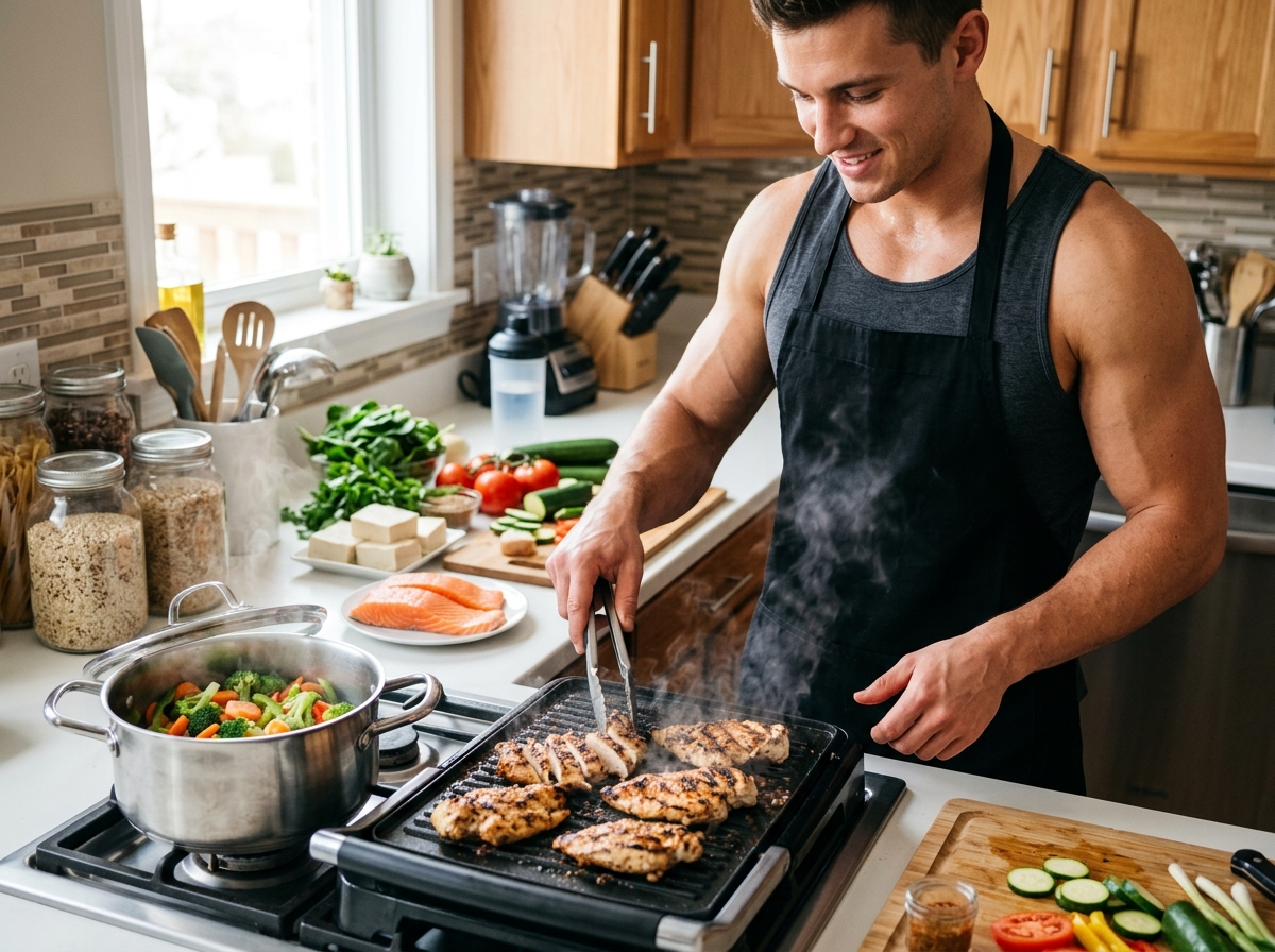 A vibrant kitchen scene featuring a muscular young athlete cooking chicken breast on a grill, steami
