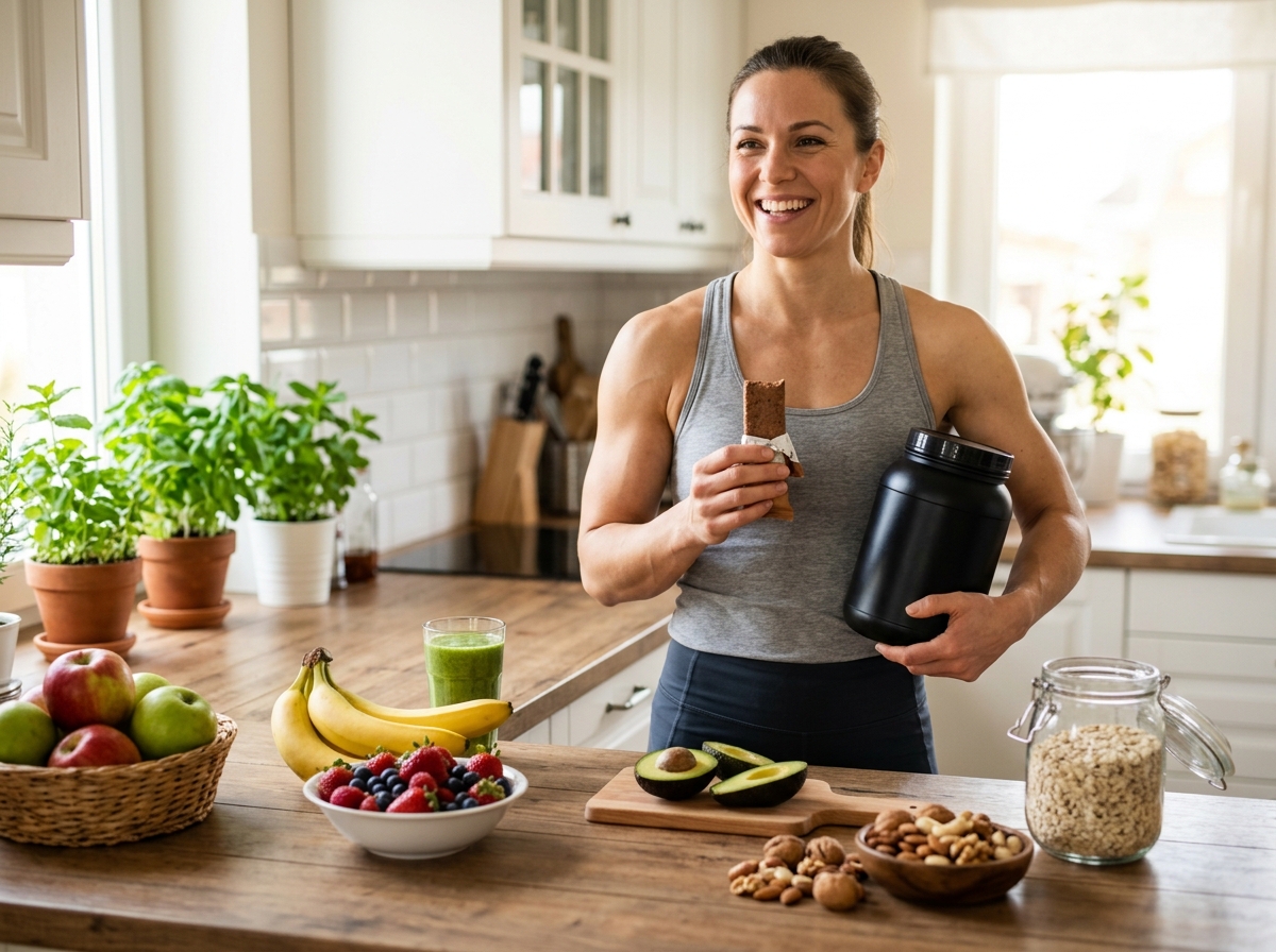 A realistic photo featuring a muscular man or woman holding a protein bar and protein powder, surrou