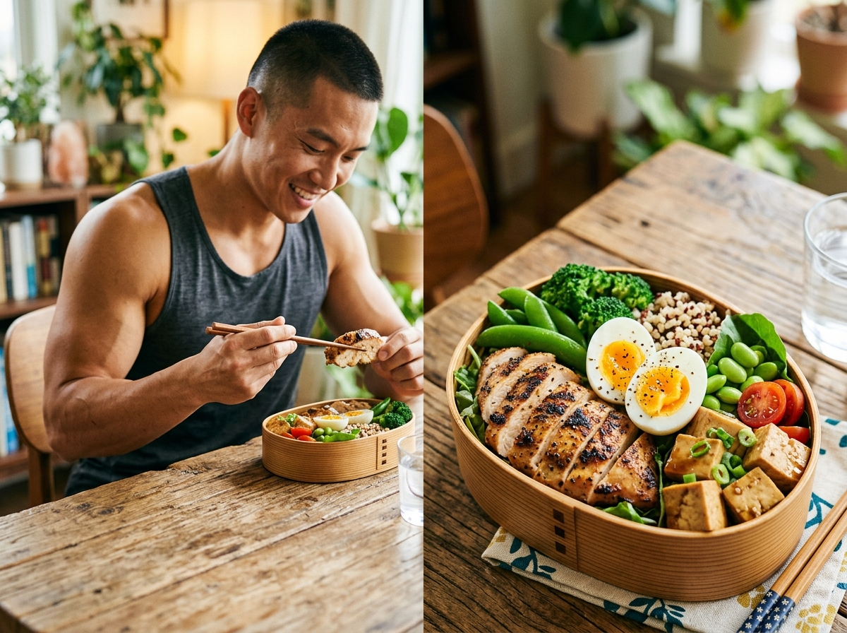 A well-balanced, high-protein bento box displayed on a table, featuring grilled chicken breast, boil