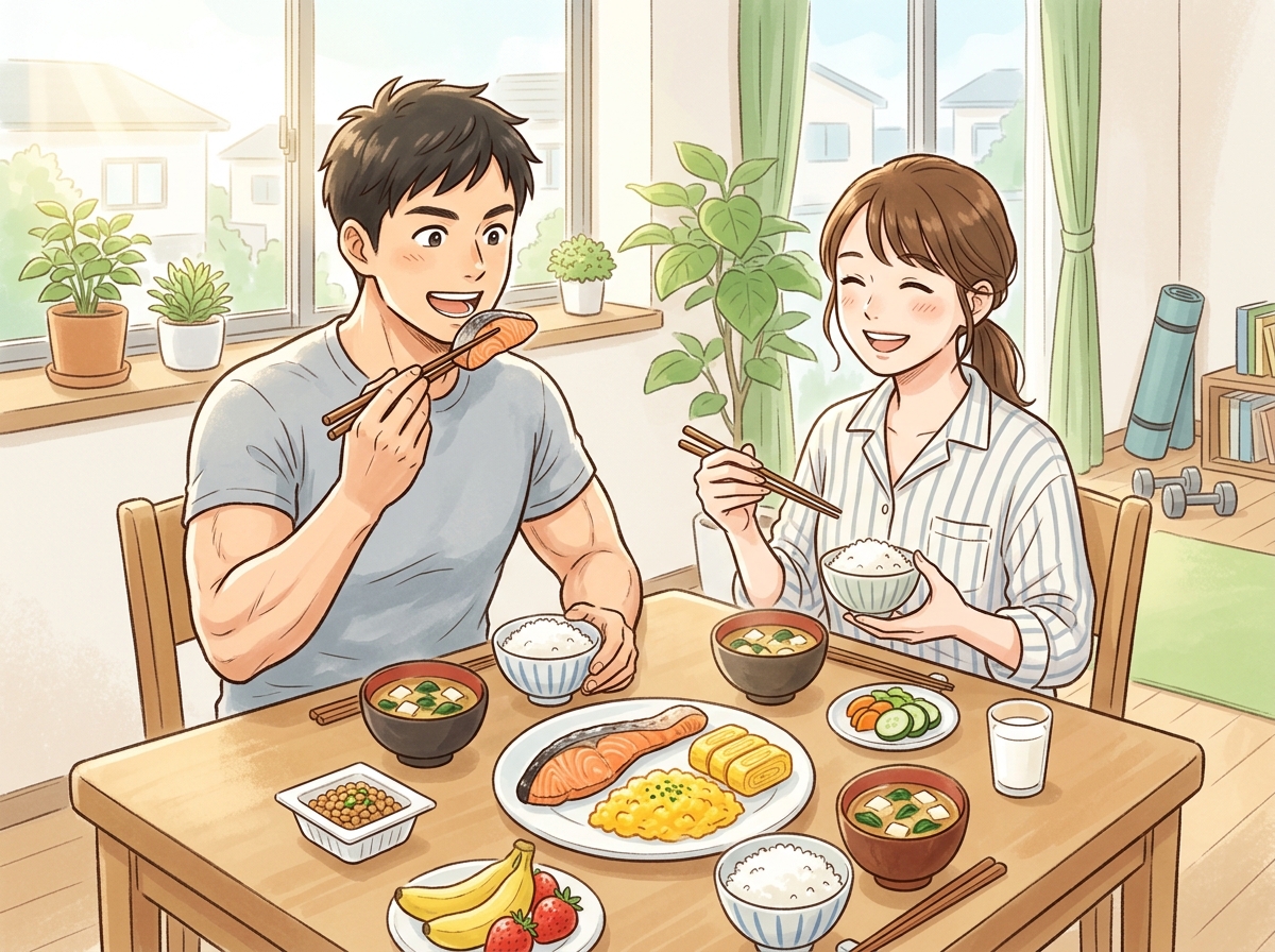 Professional illustration for article section about: 筋トレをサポートする朝食の重要性. 日本人が理解しやすい自然で親しみやすい画像。写真のようなリ