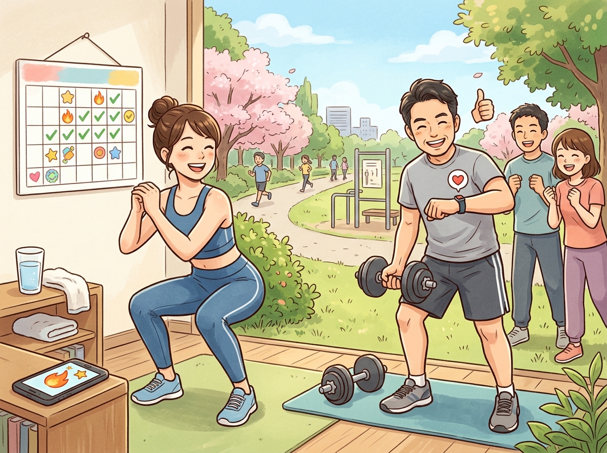 Professional illustration for article section about: 筋トレを続けるためのモチベーション維持法. 日本人が理解しやすい自然で親しみやすい画像。写真の