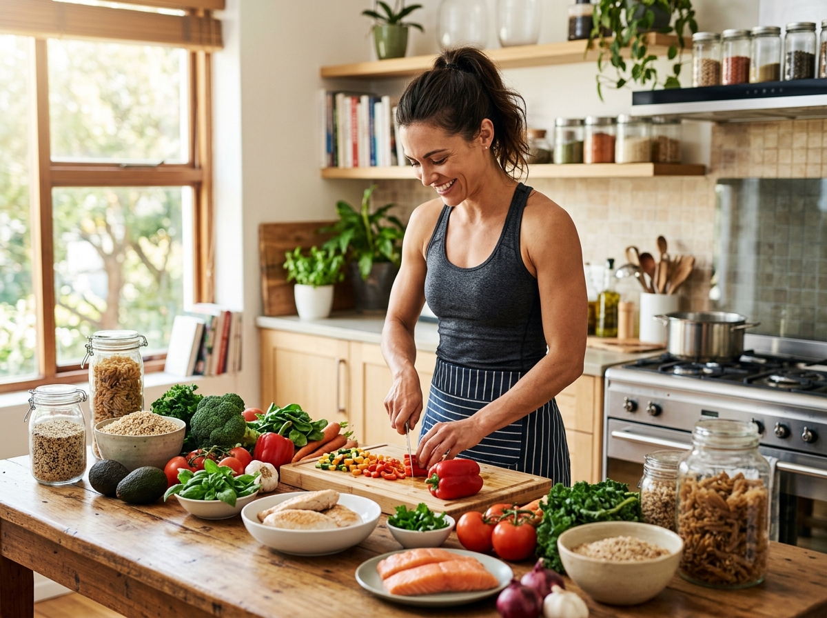 A visually appealing image of a fit person, either a man or a woman, energetically preparing a healt