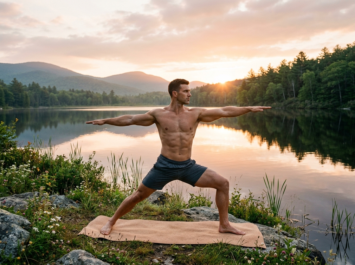 A serene scene depicting a muscular person practicing yoga by a tranquil lake at sunrise, surrounded