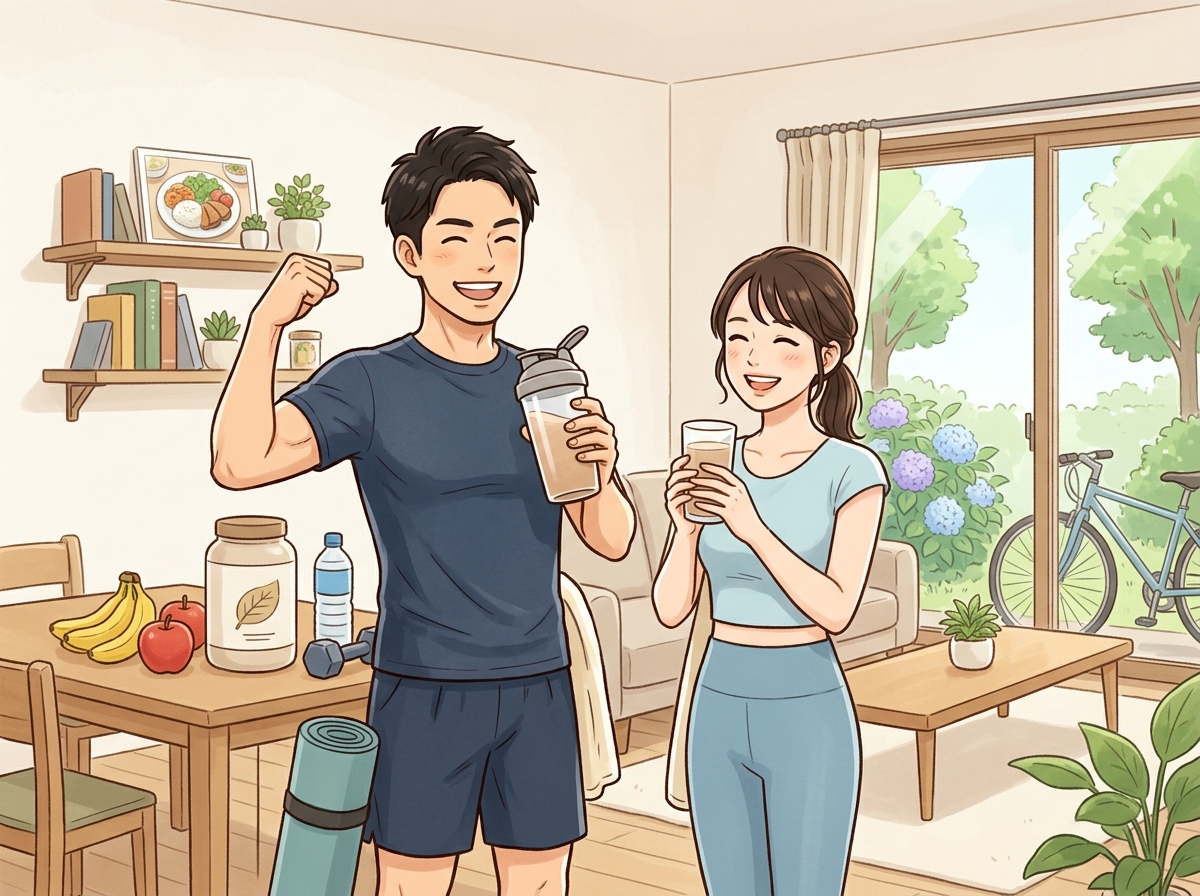 Professional illustration for article section about: プロテイン摂取の成功例と体験談. 日本人が理解しやすい自然で親しみやすい画像。写真のようなリア