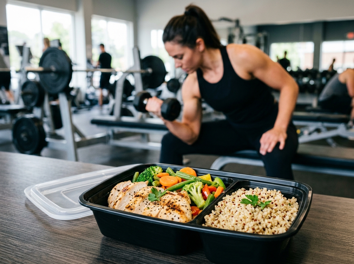 A visually striking photograph of a well-prepared high-protein meal featuring grilled chicken breast