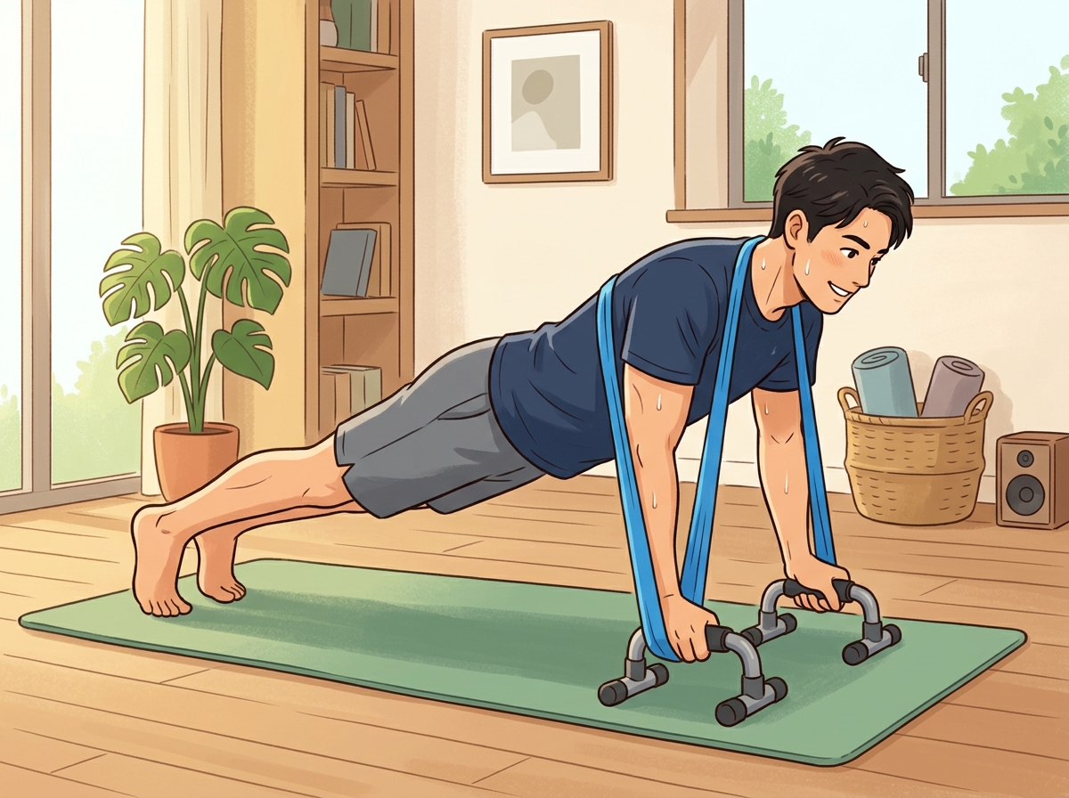 Professional illustration for article section about: 腕立て伏せの効果を高めるための補助器具. 日本人が理解しやすい自然で親しみやすい画像。写真のよ