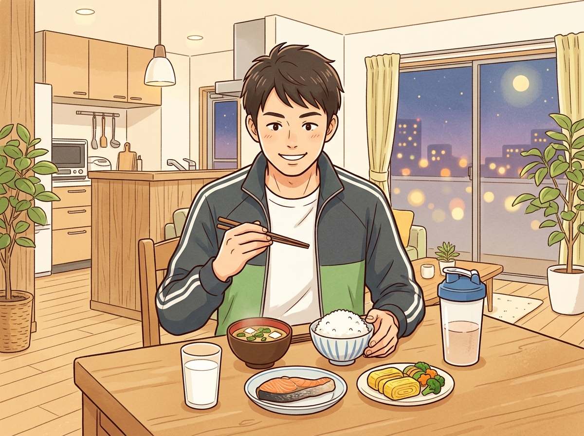 Professional illustration for article section about: 筋トレ後の夜食事が重要な理由. 日本人が理解しやすい自然で親しみやすい画像。写真のようなリアル