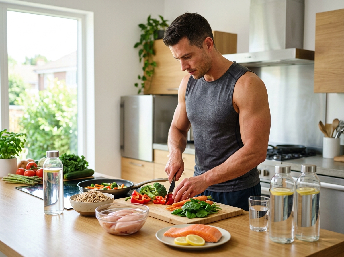 A muscular person preparing a healthy meal in a bright kitchen, featuring colorful fresh vegetables,
