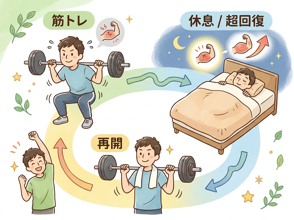 Professional illustration for article section about: 筋トレの頻度と超回復の関係. 日本人が理解しやすい自然で親しみやすい画像。写真のようなリアルさ