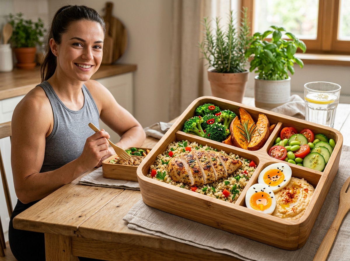A visually appealing and realistic image of a healthy high-protein meal, featuring a variety of colo