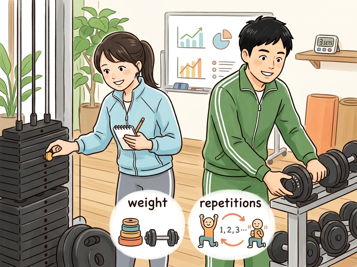 Professional illustration for article section about: 重さと回数の設定方法. 日本人が理解しやすい自然で親しみやすい画像。写真のようなリアルさではな