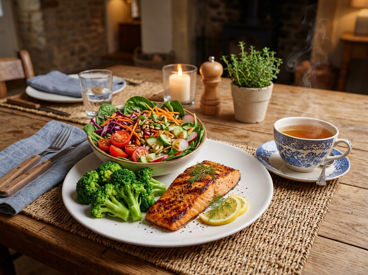 A beautifully arranged dinner table featuring a grilled salmon fillet, vibrant steamed broccoli, and