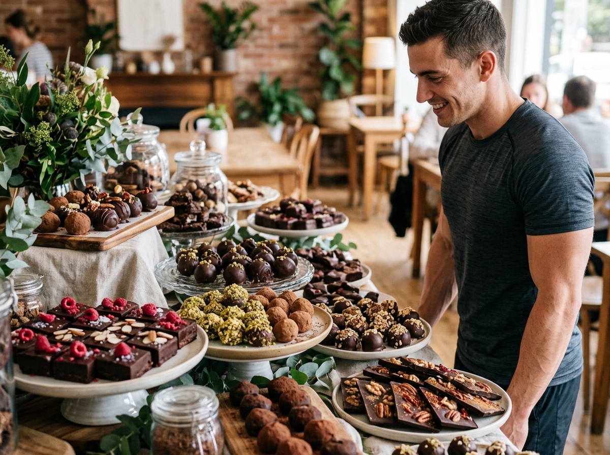 A visual scene of a well-stocked, elegant dessert display featuring a variety of protein-infused cho