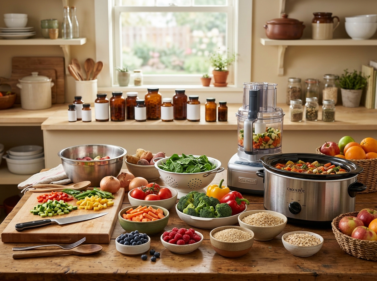 A well-lit kitchen scene featuring a variety of nutritious foods, such as fruits, vegetables, and wh