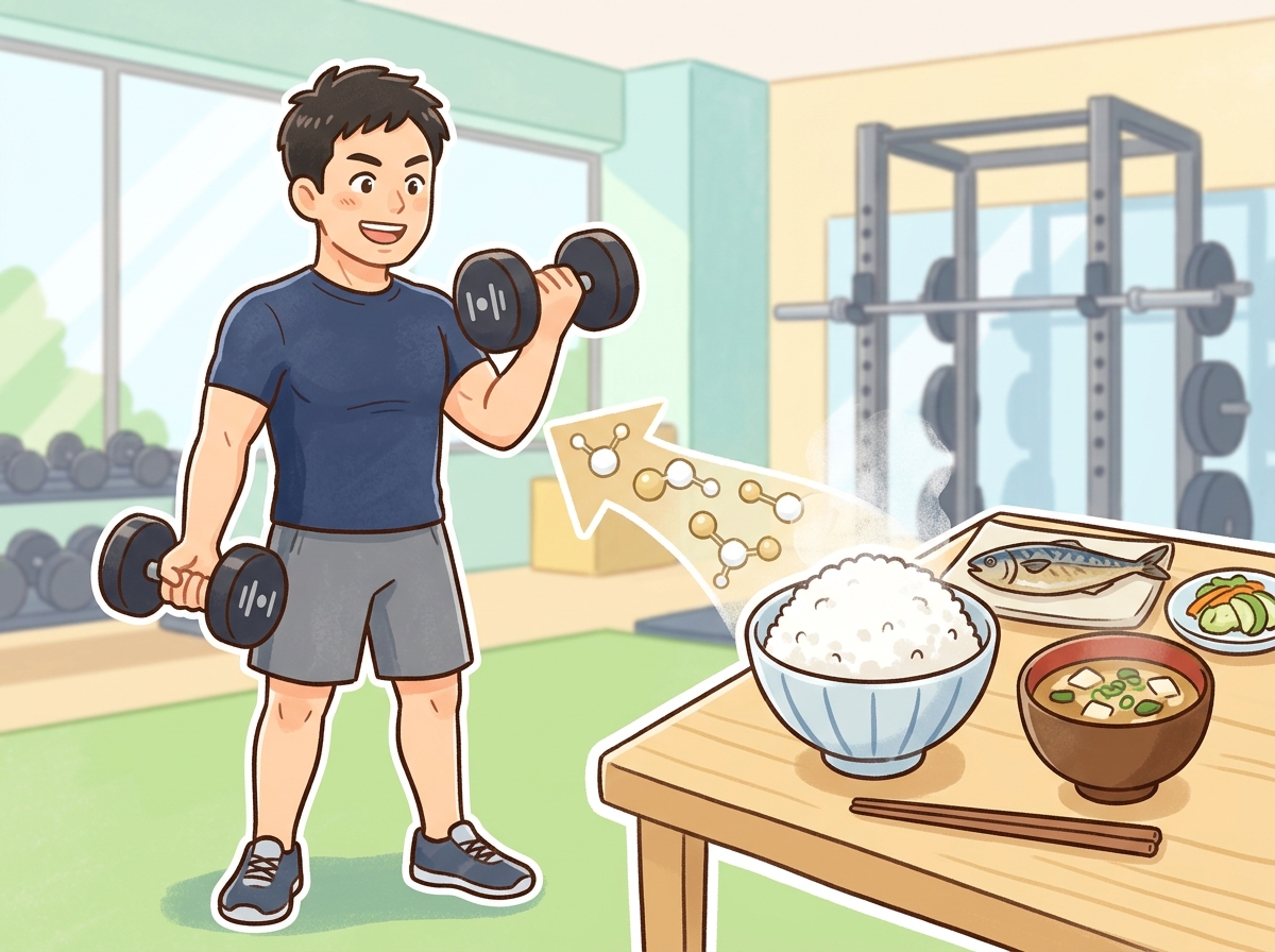 Professional illustration for article section about: 筋トレと炭水化物の関係性. 日本人が理解しやすい自然で親しみやすい画像。写真のようなリアルさで