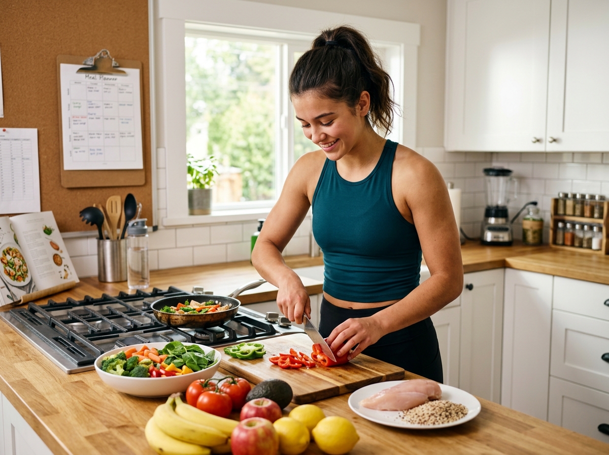 A well-defined athletic male or female teenager in a kitchen, actively preparing a healthy meal. The