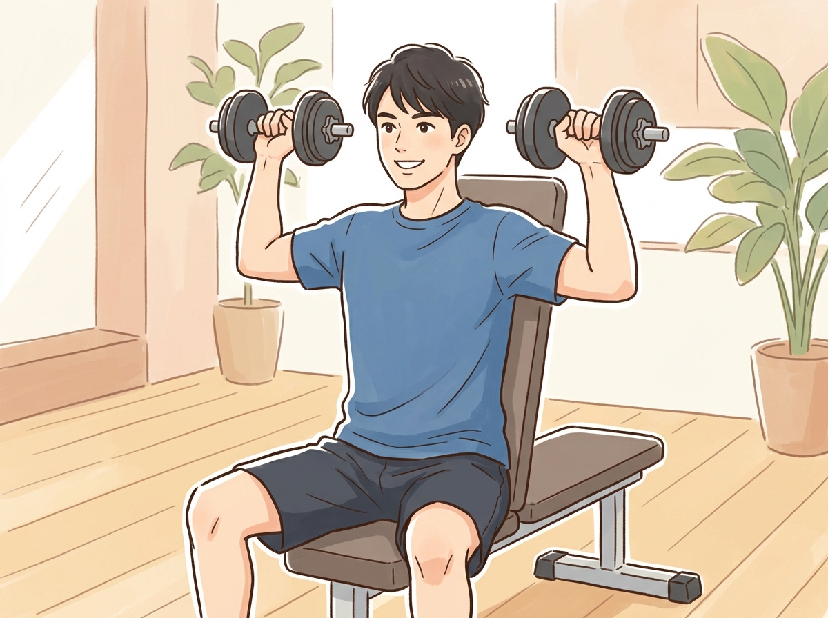 Professional illustration for article section about: ショルダープレスとは？基本を理解しよう. 日本人が理解しやすい自然で親しみやすい画像。写真のよ