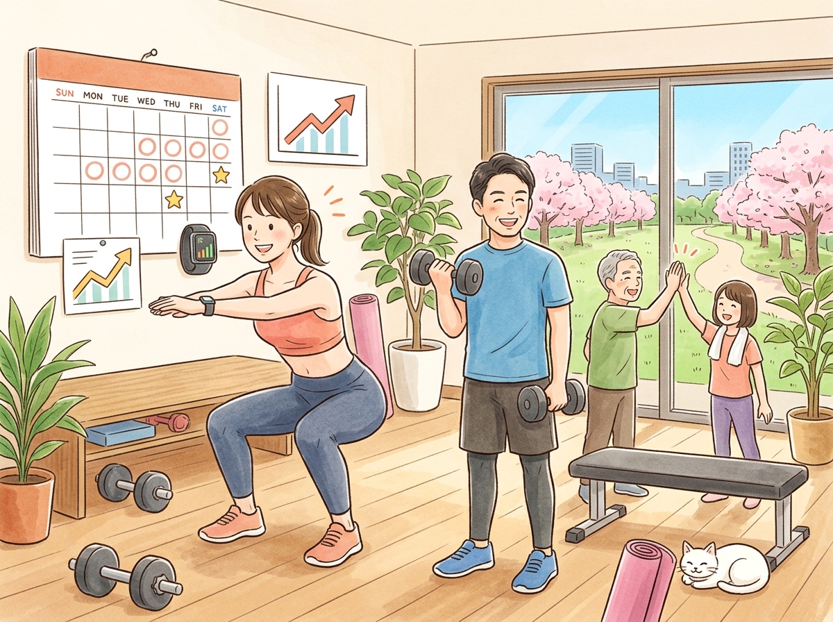 Professional illustration for article section about: 筋トレを続けるためのモチベーション維持法. 日本人が理解しやすい自然で親しみやすい画像。写真の