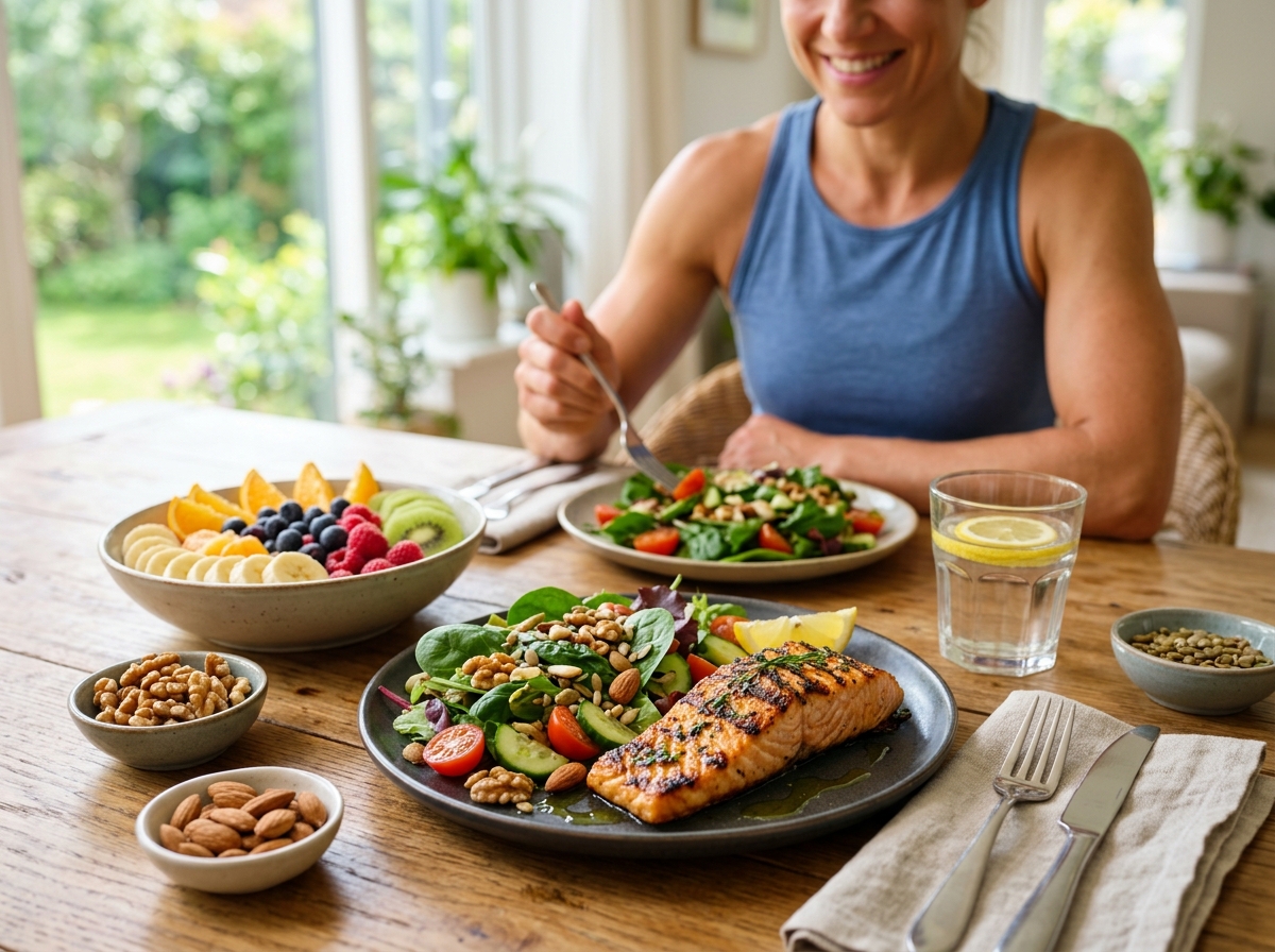 A visually appealing and healthy meal displayed on a vibrant table, featuring a variety of colorful 
