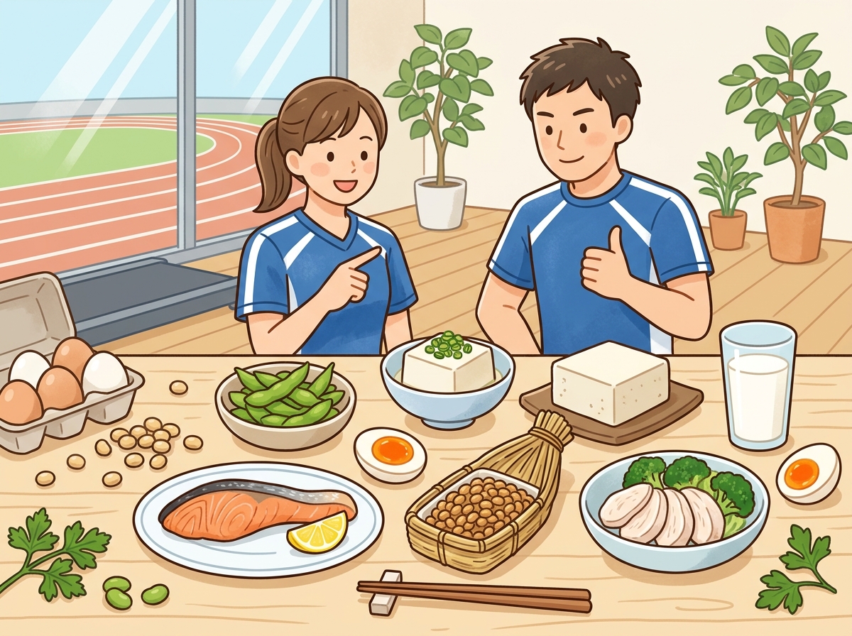 Professional illustration for article section about: アスリートが推奨する高タンパク食品. 日本人が理解しやすい自然で親しみやすい画像。写真のような
