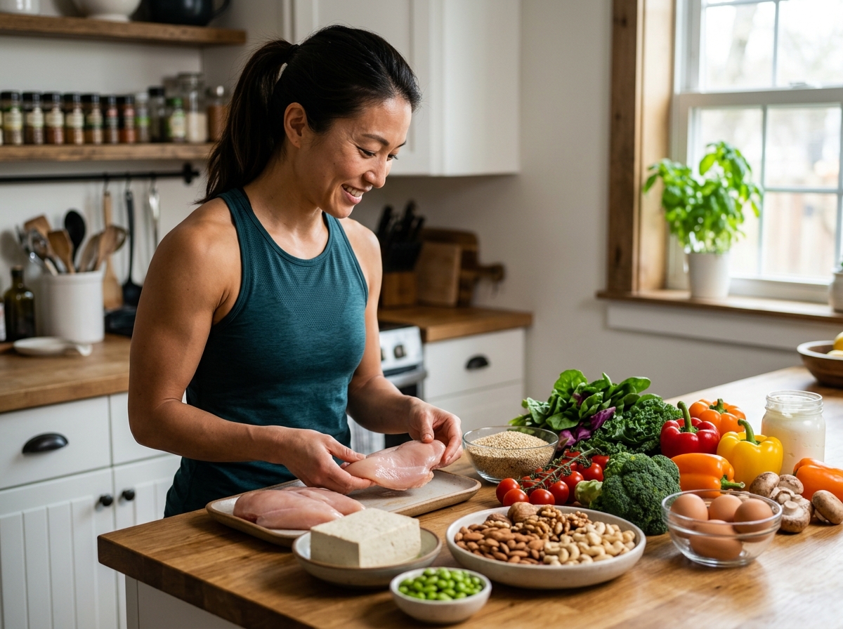 A well-lit kitchen scene featuring a strong and athletic man or woman selecting high-protein foods. 