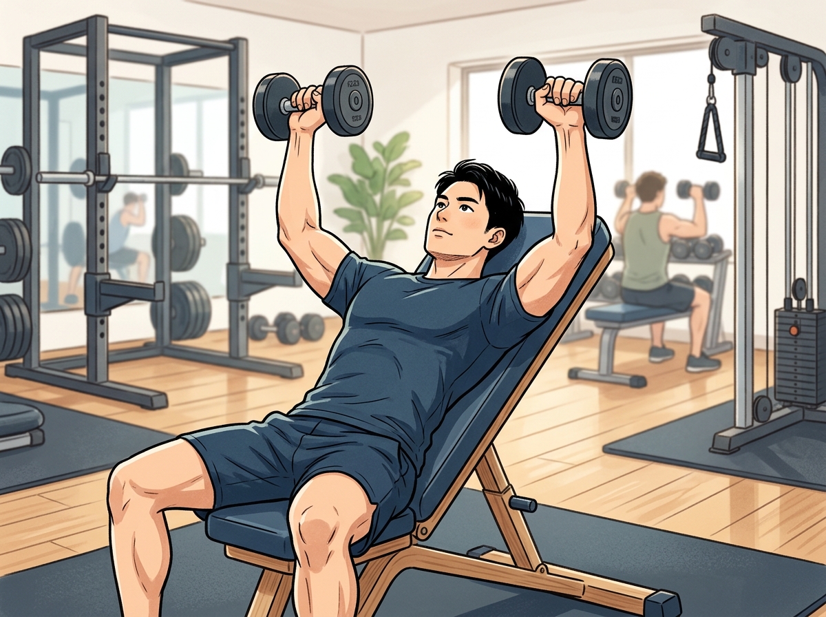 Professional illustration for article section about: インクラインダンベルプレスとは？. 日本人が理解しやすい自然で親しみやすい画像。写真のようなリ