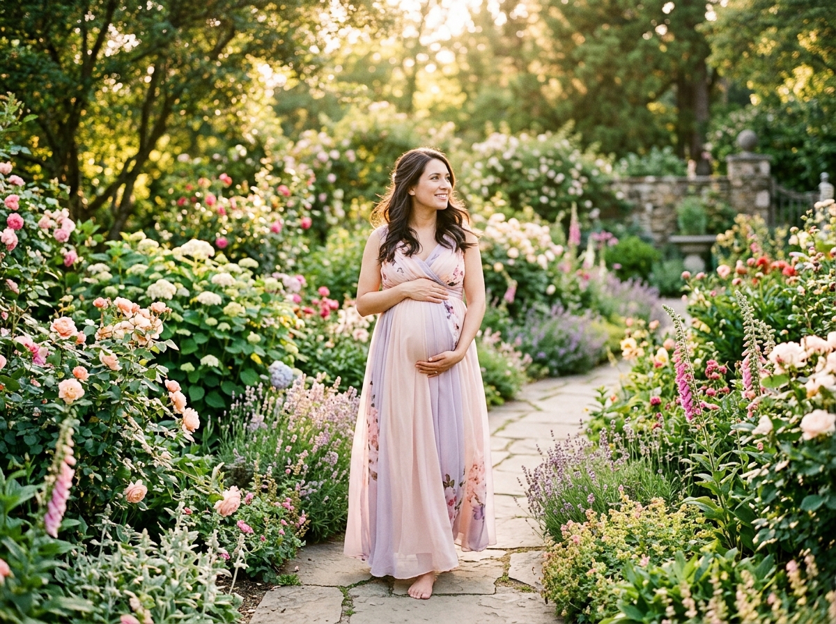 A serene outdoor scene featuring a pregnant woman in a flowing pastel-colored dress, gently cradling