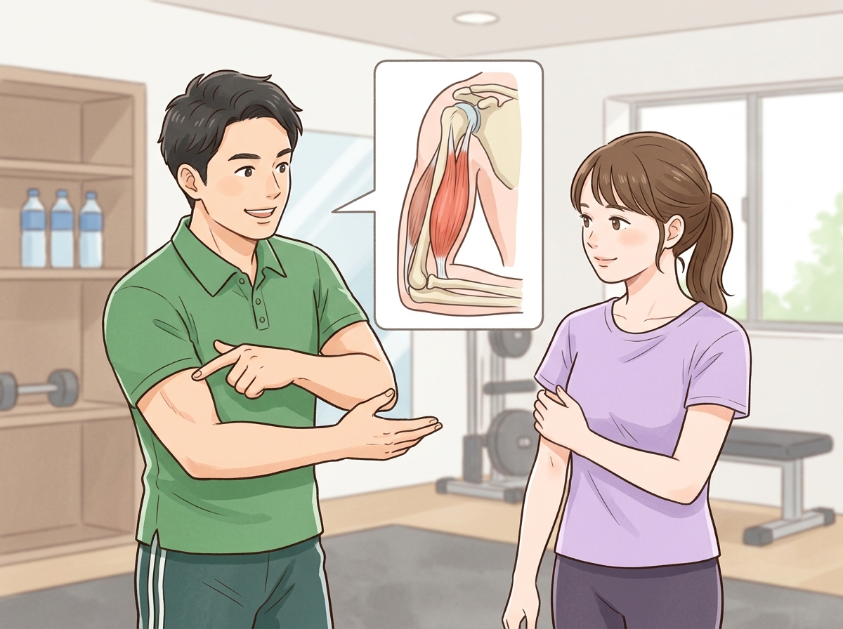 Professional illustration for article section about: 上腕二頭筋の基礎知識. 日本人が理解しやすい自然で親しみやすい画像。写真のようなリアルさではな