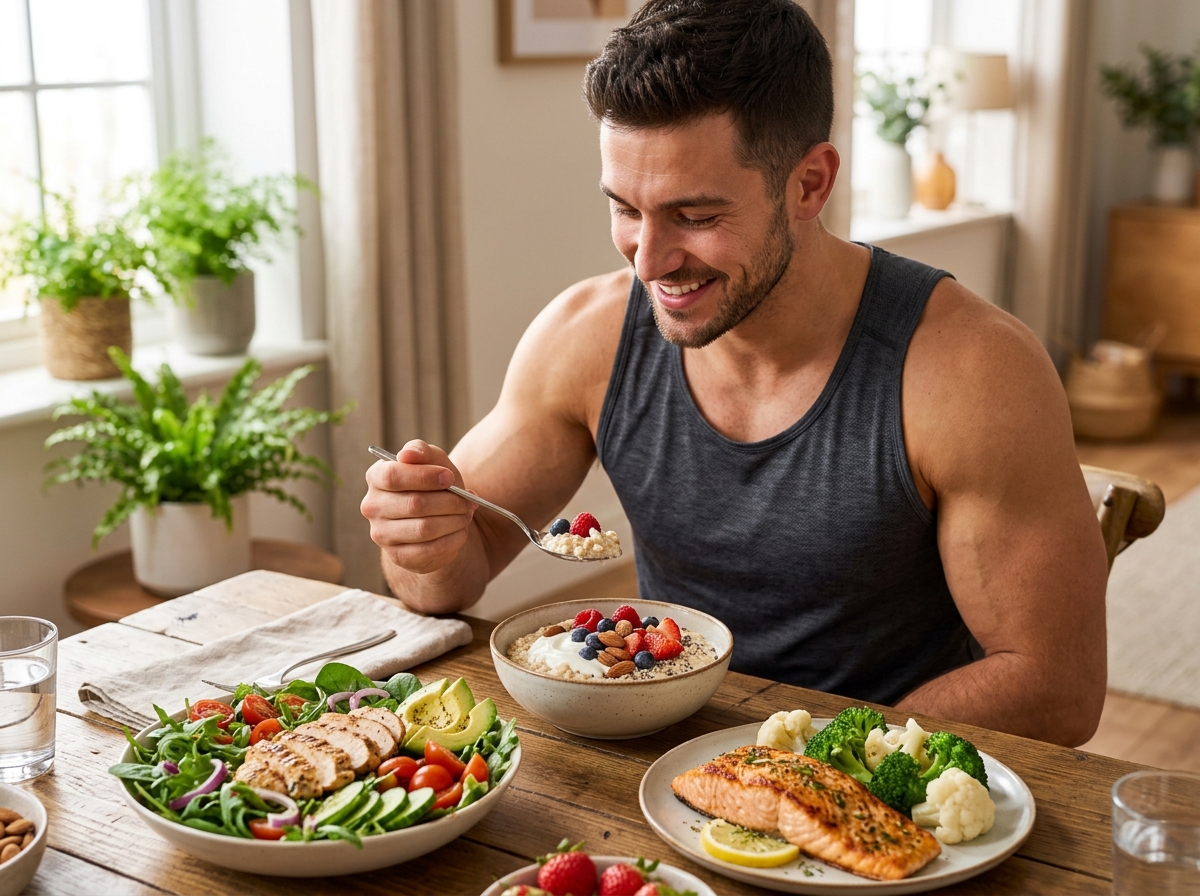 A muscular individual enjoying a healthy breakfast of oatmeal topped with Greek yogurt and berries, 