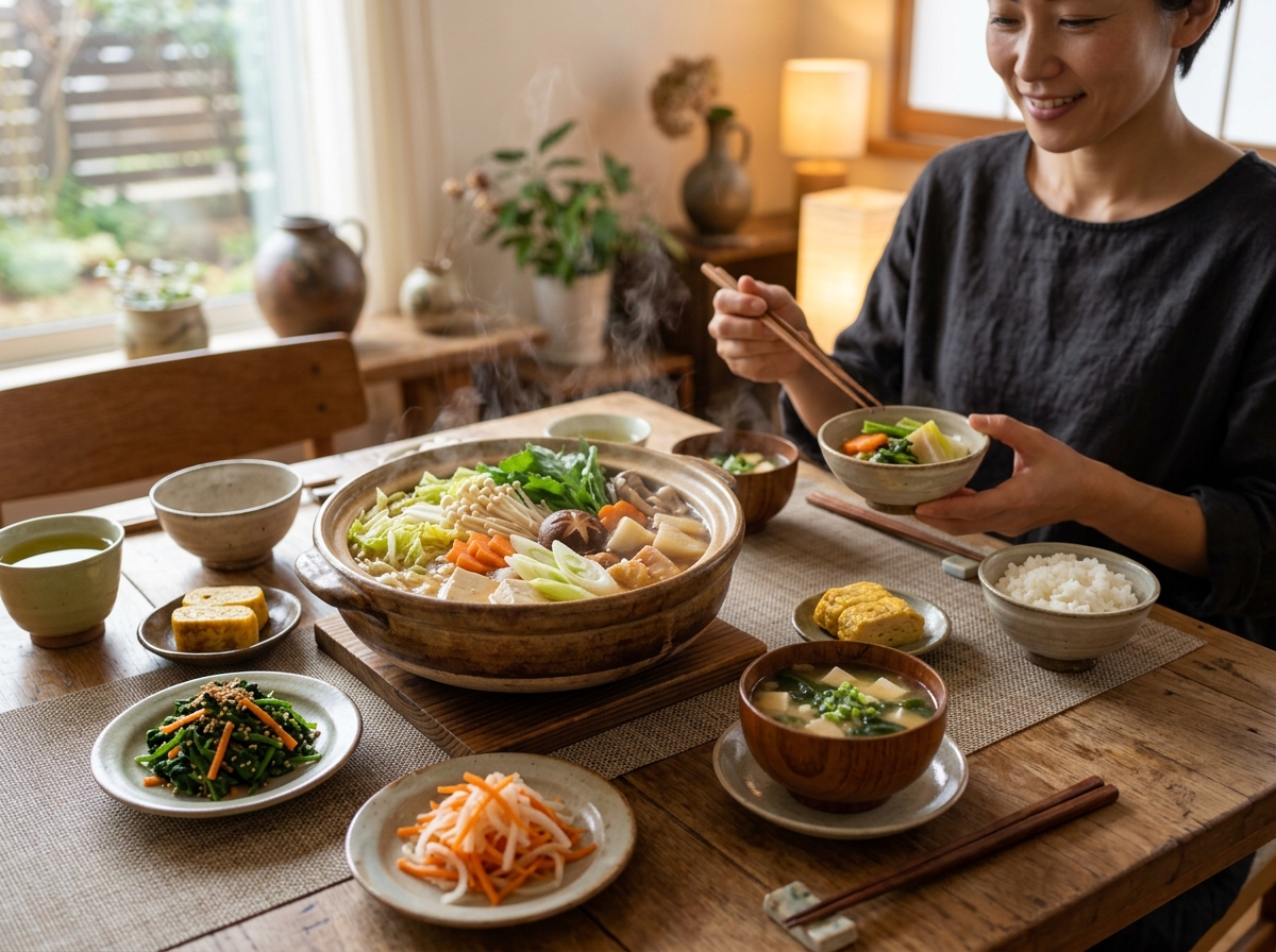A beautifully arranged dinner table featuring a warm, steaming bowl of vegetable-rich hot pot and a 