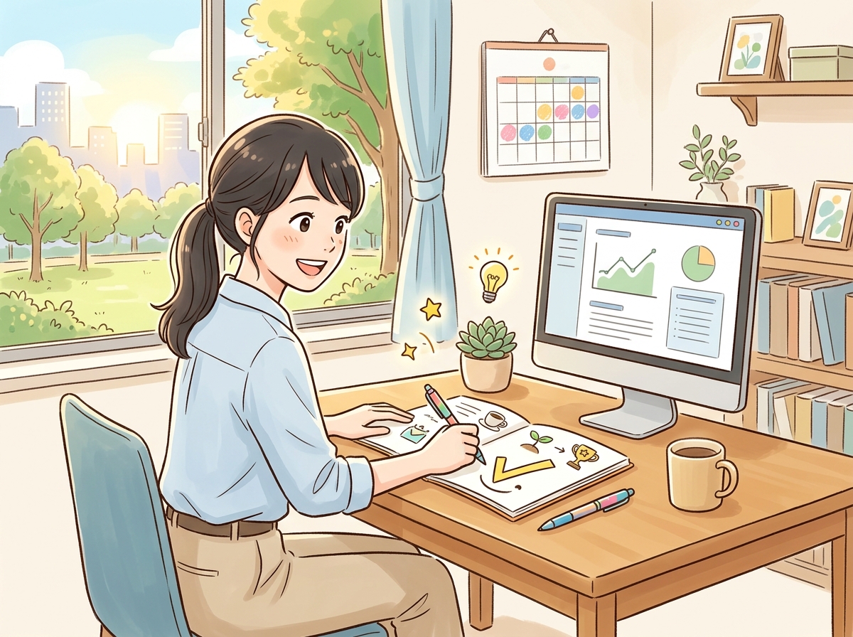 Professional illustration for article section about: モチベーションを維持するコツ. 日本人が理解しやすい自然で親しみやすい画像。写真のようなリアル