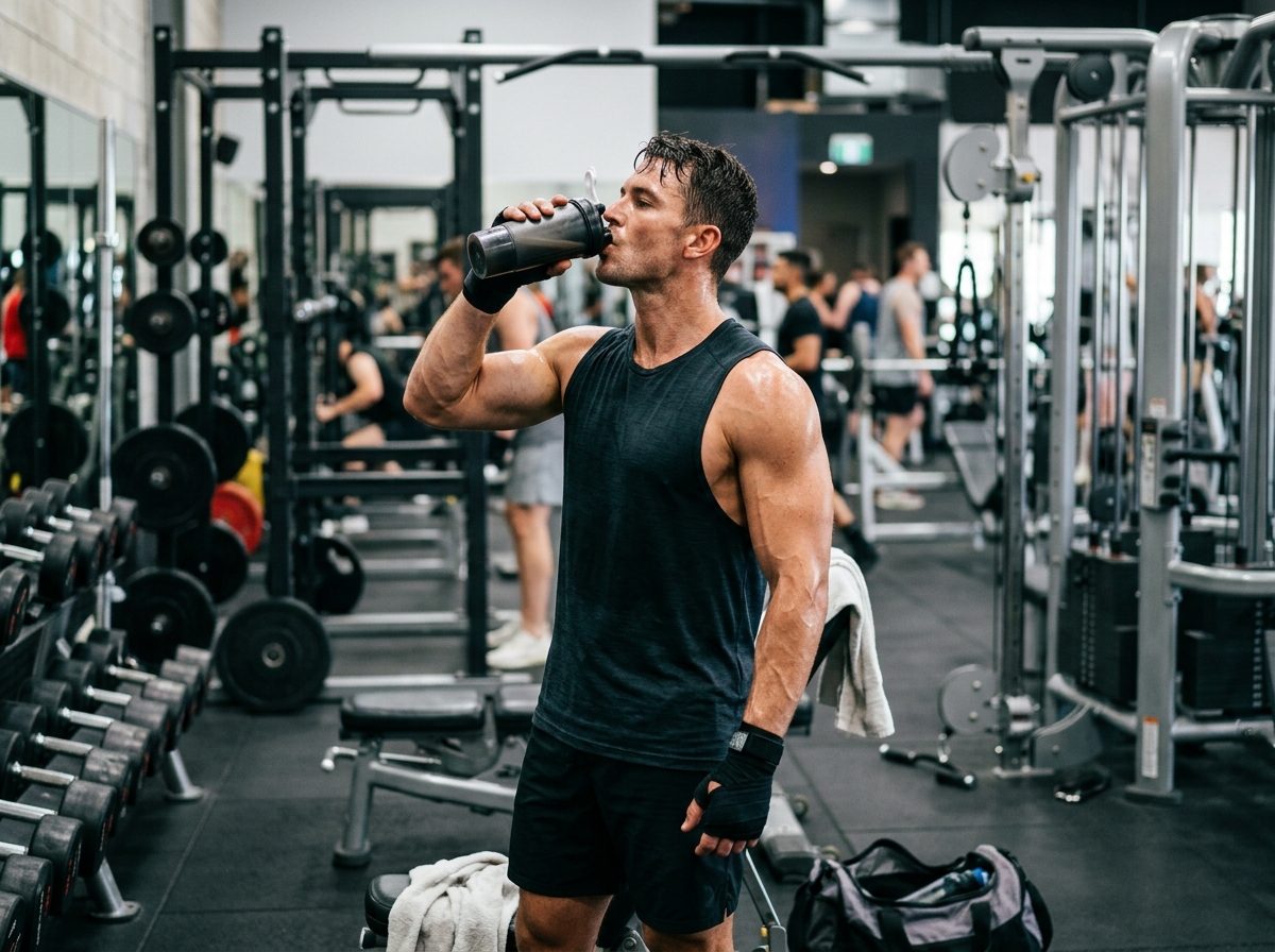 A muscular person engaging in a post-workout protein shake routine, set in a modern gym environment 