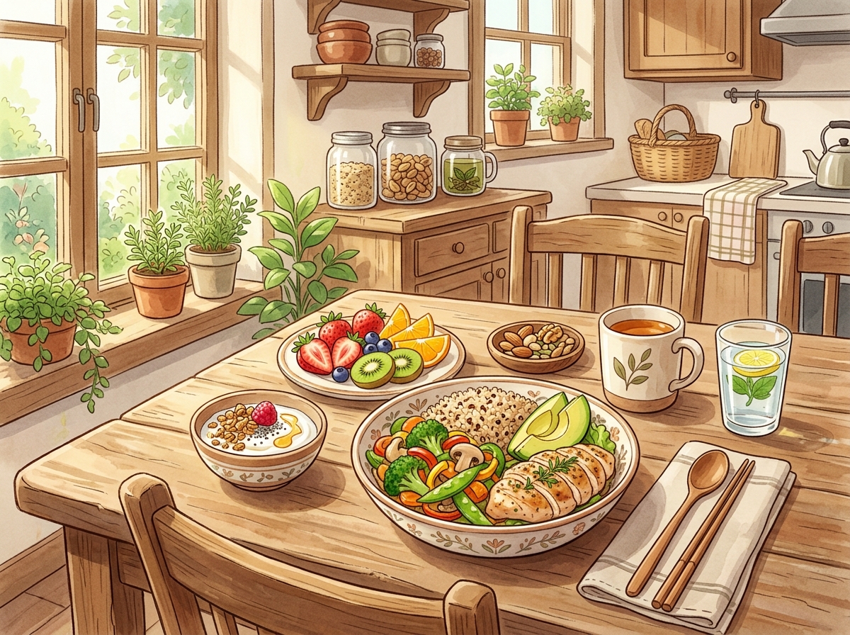 A colorful illustration of a balanced meal featuring whole grains, vegetables, fruits, and healthy s
