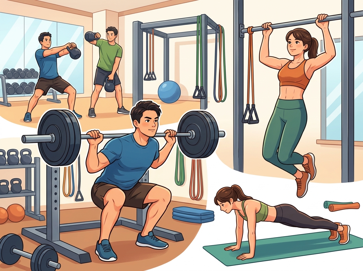 Professional illustration for article section about: 上級者向け全身筋トレメニュー. 日本人が理解しやすい自然で親しみやすい画像。写真のようなリアル