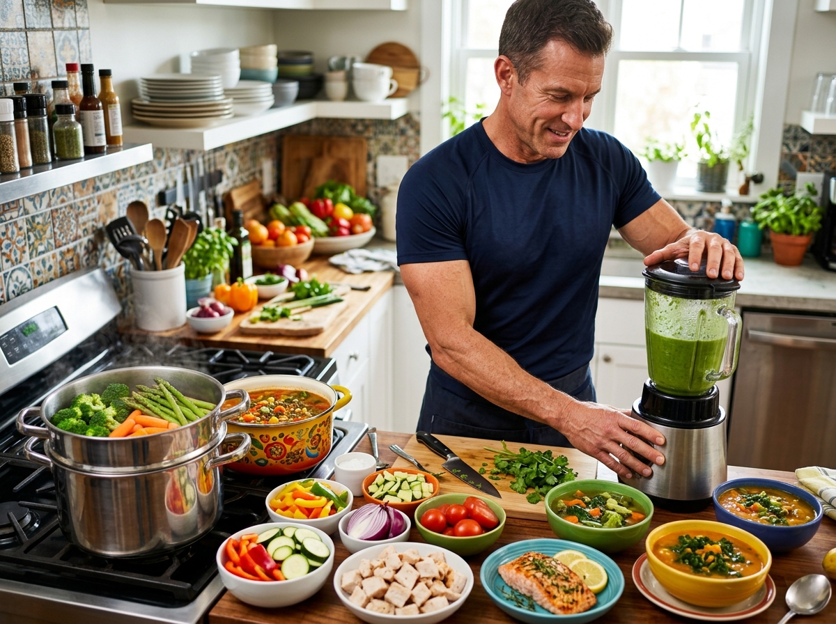 A vibrant kitchen scene featuring a muscular person preparing healthy meals, with fresh vegetables, 