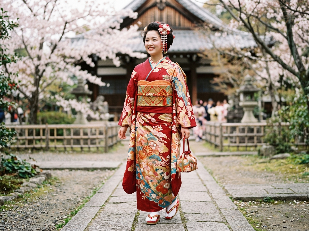 A young woman wearing a beautiful, traditional Japanese kimono (振袖) with a vibrant color scheme, gra