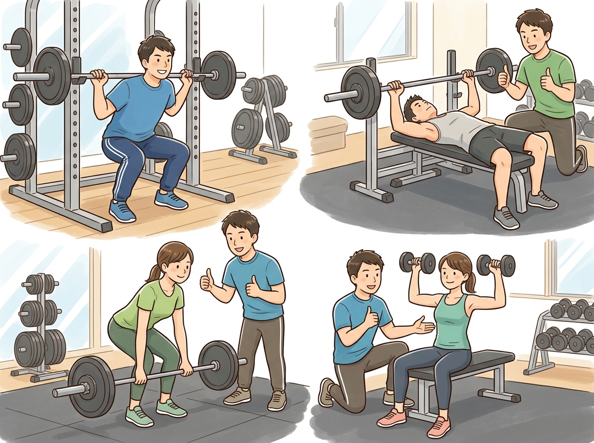 Professional illustration for article section about: 主要な筋トレ種目とそのポイント. 日本人が理解しやすい自然で親しみやすい画像。写真のようなリア