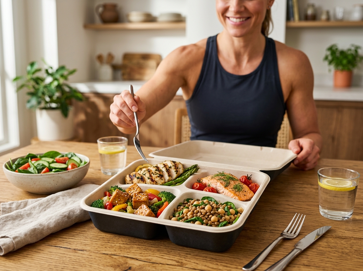 A well-presented frozen meal box featuring various high-protein dishes such as grilled chicken, fish