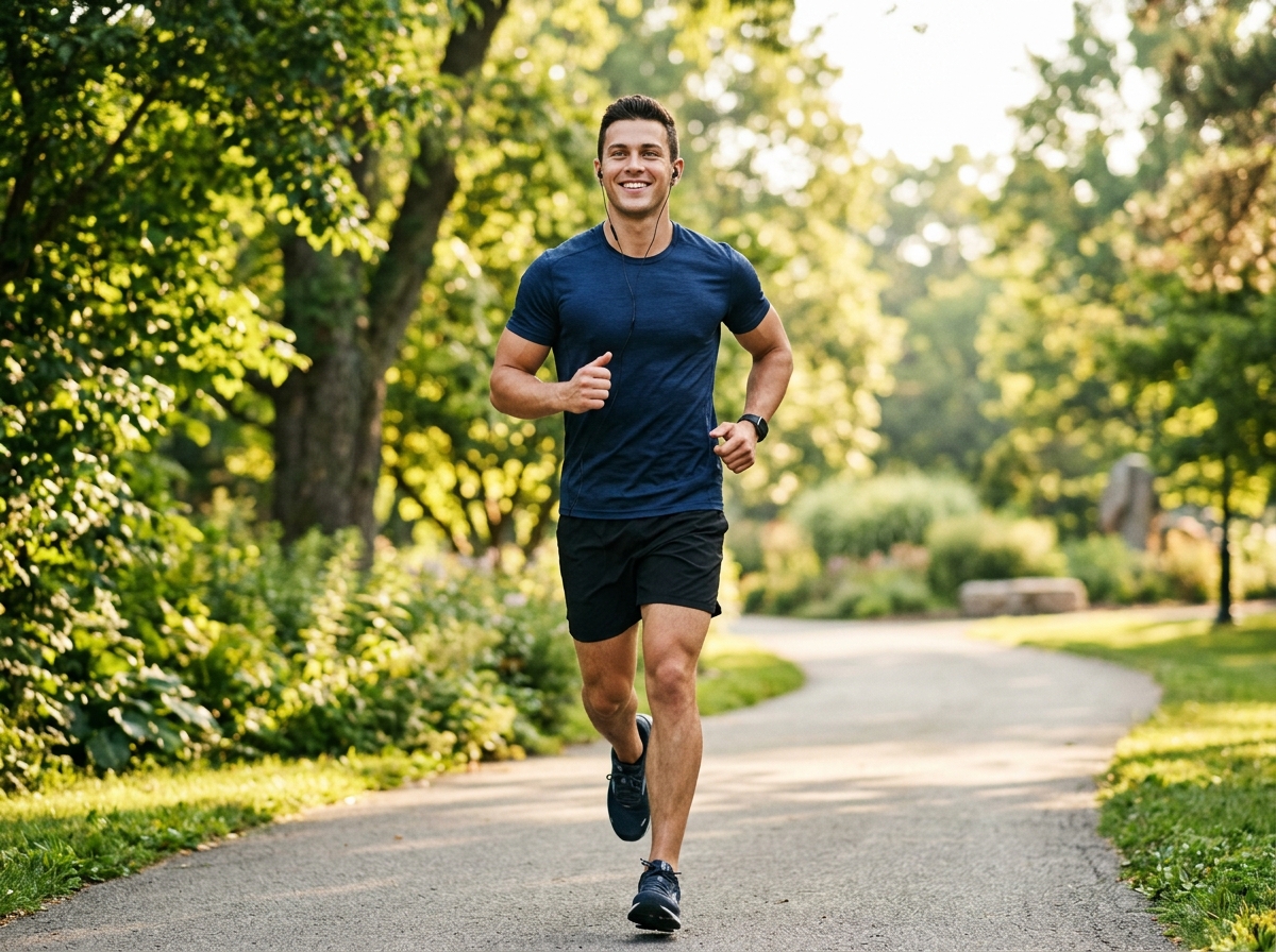 A confident individual with a fit physique practicing good posture while jogging in a park, surround