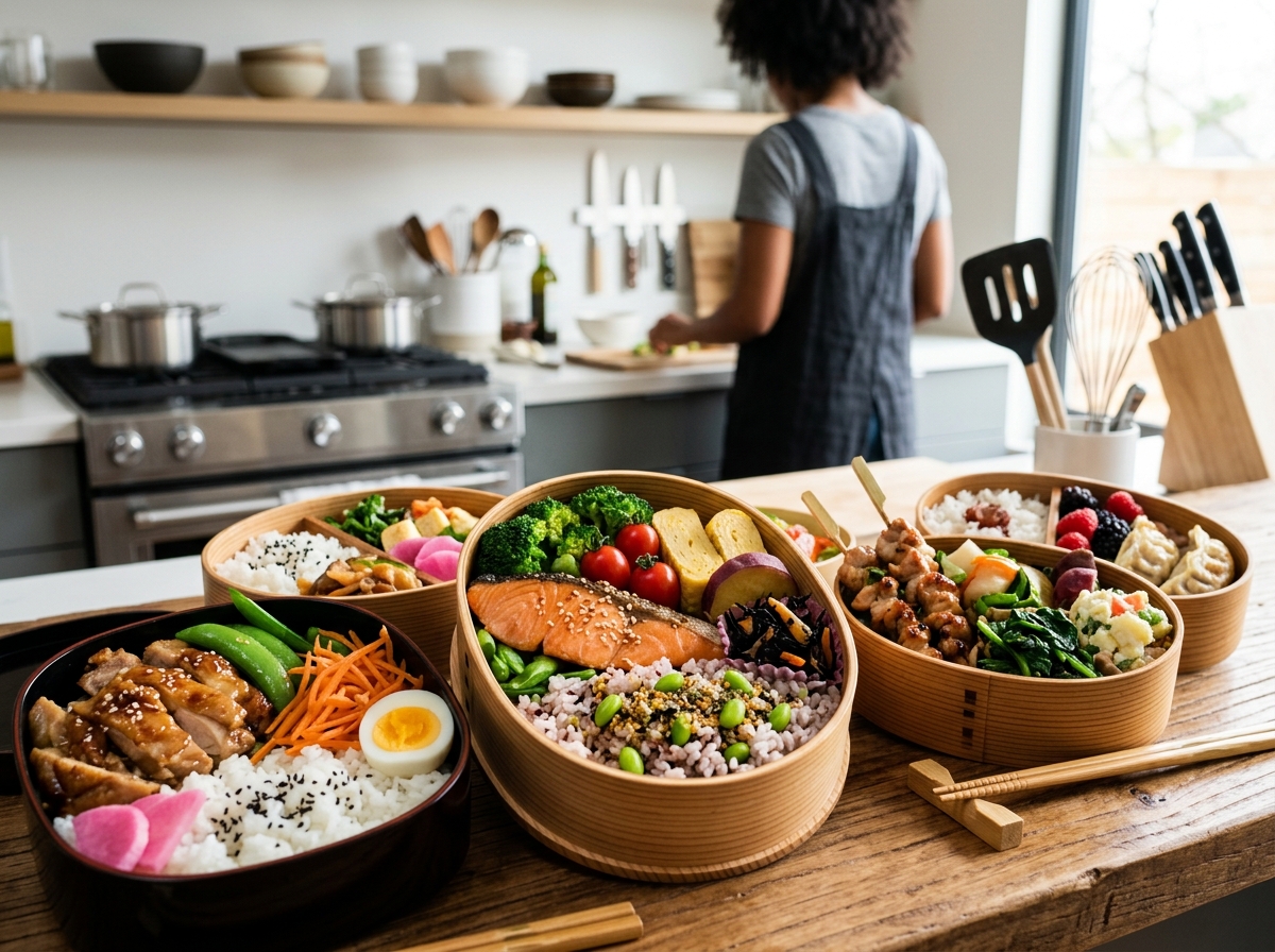 A close-up of a variety of colorful, carefully plated bento boxes filled with fresh, high-quality in