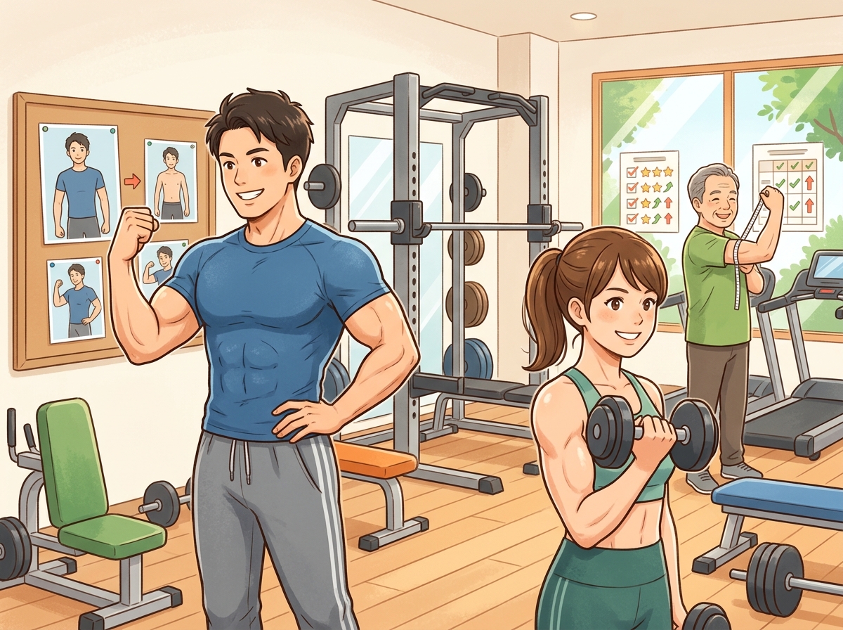 Professional illustration for article section about: 筋肥大成功事例とケーススタディ. 日本人が理解しやすい自然で親しみやすい画像。写真のようなリア