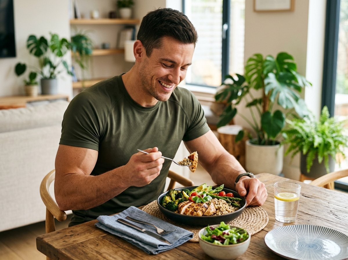 A high-protein meal delivery service showcasing a beautifully arranged healthy meal with protein-ric
