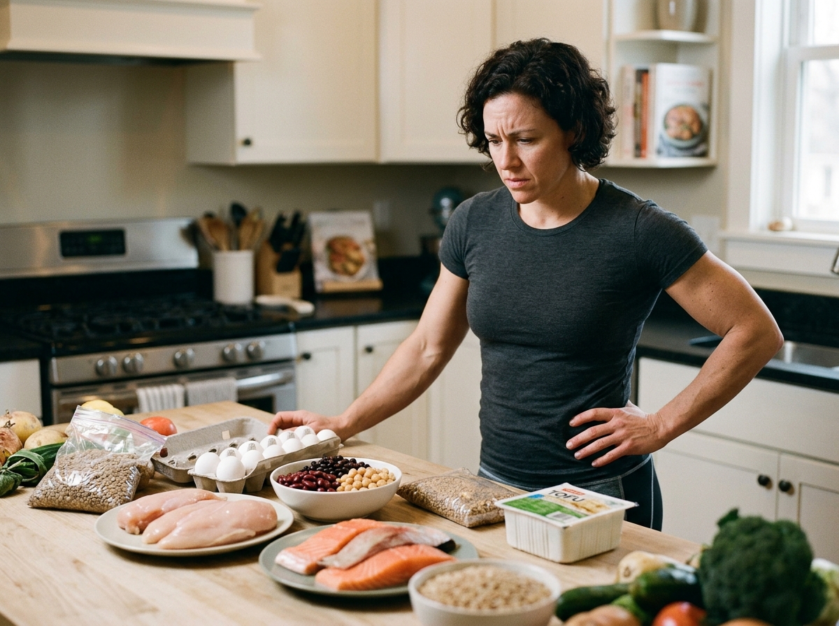 A well-defined muscular individual, either male or female, standing in a kitchen surrounded by a var