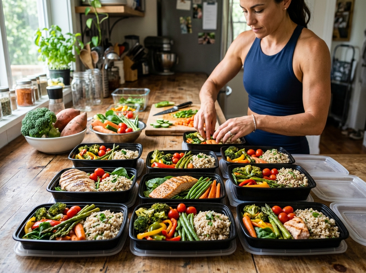 A visually appealing meal prep scene with healthy takeaway bento boxes neatly arranged, showcasing c
