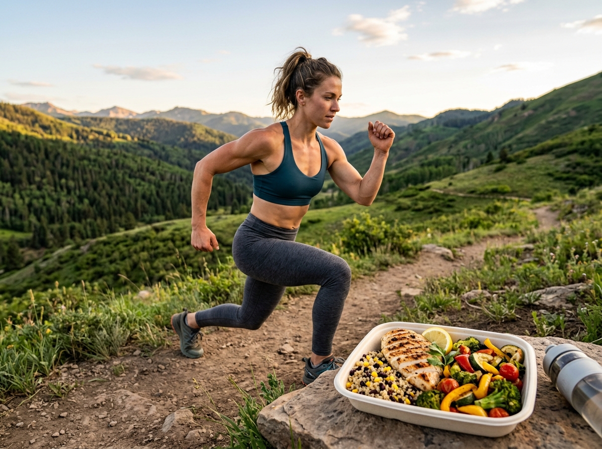 A fit person engaged in outdoor exercise, showcasing their toned physique, surrounded by a vibrant l